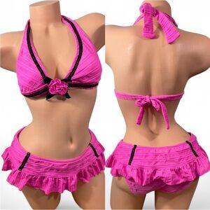Betsey Johnson Bikini Hot Pink Black Ruffled Skirt Set 2 Piece Retro Vtg